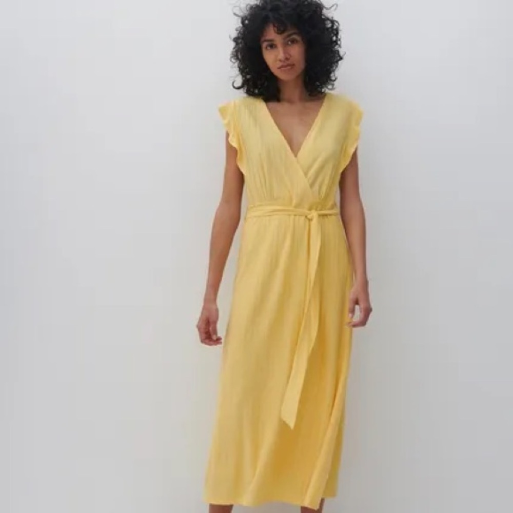 Reserved spring Yellow faux Wrap Dress‎ XS V neck flutter sleeve made in Turkey